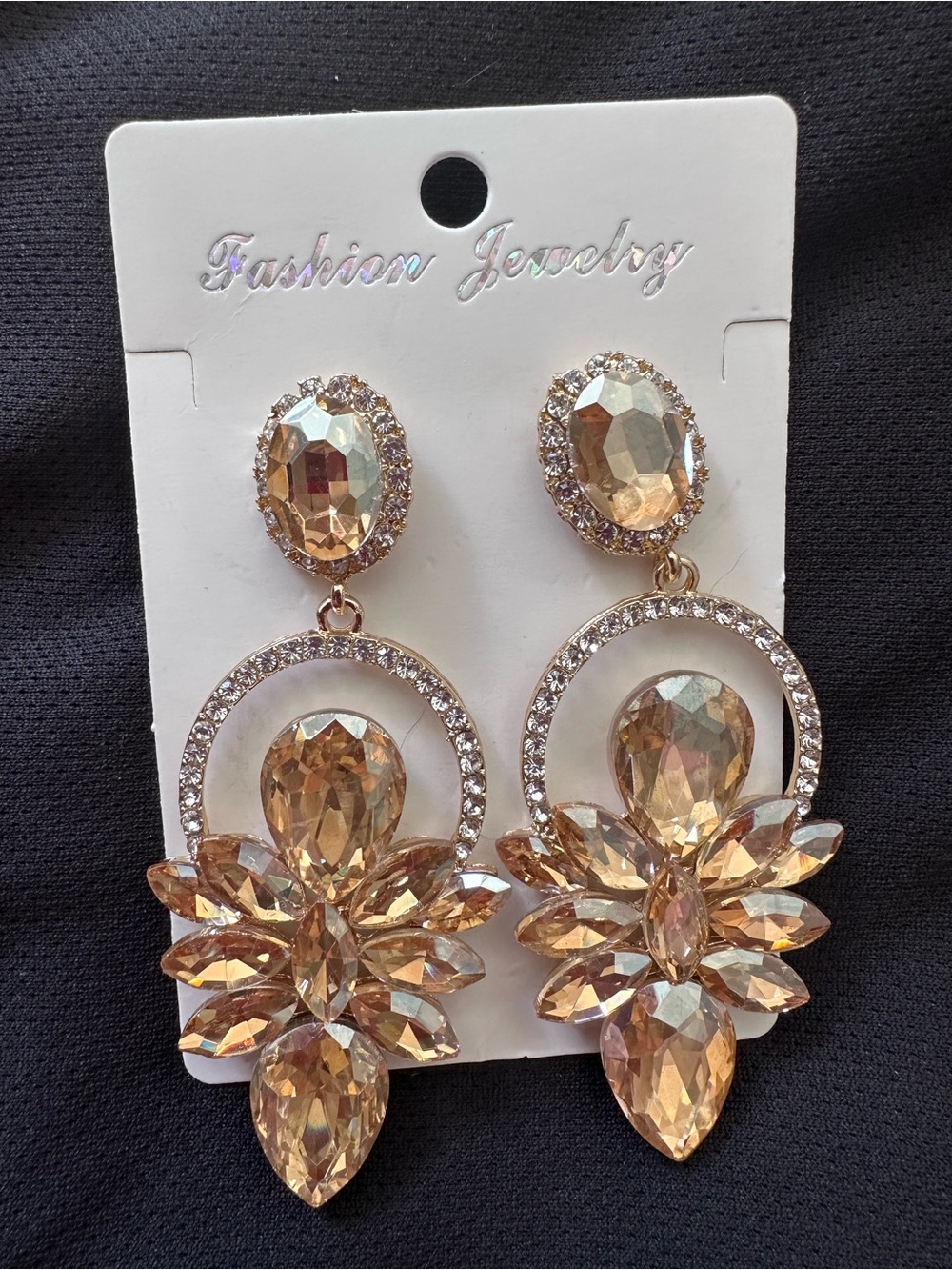 Fashion Jewelry Gold-Tone Crystal Floral Drop Earrings - Champagne Tones
